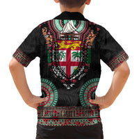 Fiji Coat of Arms Traditional Dashiki Family Matching Off Shoulder Short Dress and Hawaiian Shirt Tapa Art and Palm Leaves Pattern Black Color - Polynesian Pride