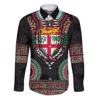 Fiji Coat of Arms Traditional Dashiki Family Matching Off Shoulder Short Dress and Hawaiian Shirt Tapa Art and Palm Leaves Pattern Black Color - Polynesian Pride