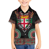 Fiji Coat of Arms Traditional Dashiki Family Matching Off Shoulder Short Dress and Hawaiian Shirt Tapa Art and Palm Leaves Pattern Black Color - Polynesian Pride