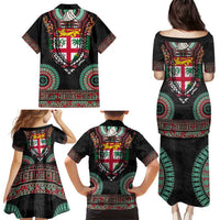Fiji Coat of Arms Traditional Dashiki Family Matching Puletasi and Hawaiian Shirt Tapa Art and Palm Leaves Pattern Black Color - Polynesian Pride