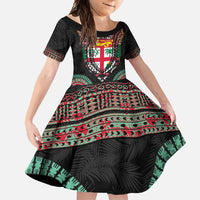 Fiji Coat of Arms Traditional Dashiki Family Matching Short Sleeve Bodycon Dress and Hawaiian Shirt Tapa Art and Palm Leaves Pattern Black Color - Polynesian Pride