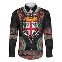 Fiji Coat of Arms Traditional Dashiki Family Matching Short Sleeve Bodycon Dress and Hawaiian Shirt Tapa Art and Palm Leaves Pattern Black Color - Polynesian Pride