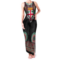 Fiji Coat of Arms Traditional Dashiki Family Matching Tank Maxi Dress and Hawaiian Shirt Tapa Art and Palm Leaves Pattern Black Color - Polynesian Pride