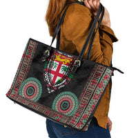 Fiji Coat of Arms Traditional Dashiki Leather Tote Bag Tapa Art and Palm Leaves Pattern Black Color LT03 - Polynesian Pride