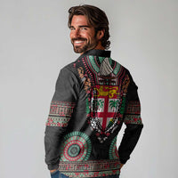 Fiji Coat of Arms Traditional Dashiki Long Sleeve Polo Shirt Tapa Art and Palm Leaves Pattern Black Color - Polynesian Pride