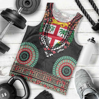 Fiji Coat of Arms Traditional Dashiki Men Tank Top Tapa Art and Palm Leaves Pattern Black Color - Polynesian Pride