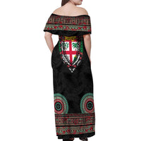 Fiji Coat of Arms Traditional Dashiki Off Shoulder Maxi Dress Tapa Art and Palm Leaves Pattern Black Color - Polynesian Pride