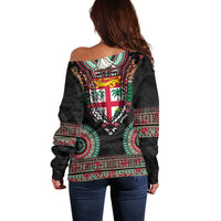 Fiji Coat of Arms Traditional Dashiki Off Shoulder Sweater Tapa Art and Palm Leaves Pattern Black Color - Polynesian Pride