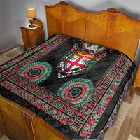 Fiji Coat of Arms Traditional Dashiki Quilt Tapa Art and Palm Leaves Pattern Black Color - Polynesian Pride
