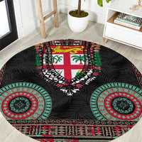 Fiji Coat of Arms Traditional Dashiki Round Carpet Tapa Art and Palm Leaves Pattern Black Color - Polynesian Pride