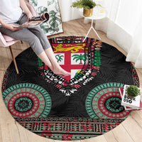 Fiji Coat of Arms Traditional Dashiki Round Carpet Tapa Art and Palm Leaves Pattern Black Color - Polynesian Pride