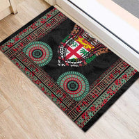 Fiji Coat of Arms Traditional Dashiki Rubber Doormat Tapa Art and Palm Leaves Pattern Black Color - Polynesian Pride