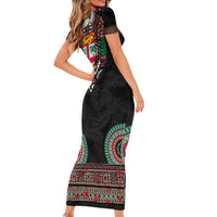 Fiji Coat of Arms Traditional Dashiki Short Sleeve Bodycon Dress Tapa Art and Palm Leaves Pattern Black Color - Polynesian Pride