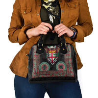 Fiji Coat of Arms Traditional Dashiki Shoulder Handbag Tapa Art and Palm Leaves Pattern Black Color - Polynesian Pride