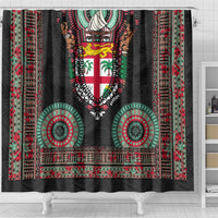 Fiji Coat of Arms Traditional Dashiki Shower Curtain Tapa Art and Palm Leaves Pattern Black Color - Polynesian Pride