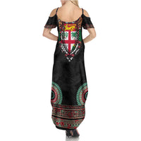 Fiji Coat of Arms Traditional Dashiki Summer Maxi Dress Tapa Art and Palm Leaves Pattern Black Color - Polynesian Pride