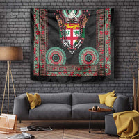 Fiji Coat of Arms Traditional Dashiki Tapestry Tapa Art and Palm Leaves Pattern Black Color - Polynesian Pride