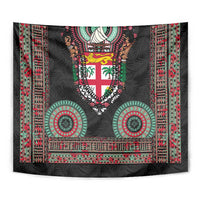 Fiji Coat of Arms Traditional Dashiki Tapestry Tapa Art and Palm Leaves Pattern Black Color - Polynesian Pride