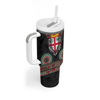 Fiji Coat of Arms Traditional Dashiki Tumbler With Handle Tapa Art and Palm Leaves Pattern Black Color LT03 - Polynesian Pride