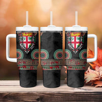 Fiji Coat of Arms Traditional Dashiki Tumbler With Handle Tapa Art and Palm Leaves Pattern Black Color LT03 - Polynesian Pride