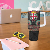 Fiji Coat of Arms Traditional Dashiki Tumbler With Handle Tapa Art and Palm Leaves Pattern Black Color LT03 - Polynesian Pride