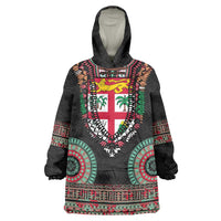 Fiji Coat of Arms Traditional Dashiki Wearable Blanket Hoodie Tapa Art and Palm Leaves Pattern Black Color - Polynesian Pride