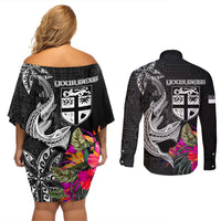 Custom Polynesian Fiji Couples Matching Off Shoulder Short Dress and Long Sleeve Button Shirts Shark and Hibiscus Tapa Pattern Version LT03 - Polynesian Pride