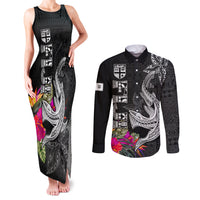 Custom Polynesian Fiji Couples Matching Tank Maxi Dress and Long Sleeve Button Shirts Shark and Hibiscus Tapa Pattern Version LT03 White - Polynesian Pride