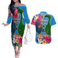 Malampa Fiji Day Couples Matching Off The Shoulder Long Sleeve Dress and Hawaiian Shirt Tropical Plants Mix Polynesian and Tapa Pattern LT03 Blue - Polynesian Pride