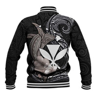 Hawaiian Whale and Kanaka Maoli Symbol Baseball Jacket Hibiscus with Hawaii Map and Polynesian Tattoo Grayscale Color LT03 - Polynesian Pride