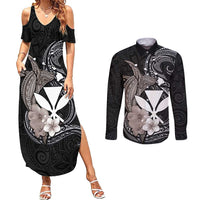 Hawaiian Whale and Kanaka Maoli Symbol Couples Matching Summer Maxi Dress and Long Sleeve Button Shirt Hibiscus with Hawaii Map and Polynesian Tattoo Grayscale Color