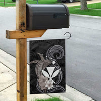 Hawaiian Whale and Kanaka Maoli Symbol Garden Flag Hibiscus with Hawaii Map and Polynesian Tattoo Grayscale Color