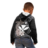 Hawaiian Whale and Kanaka Maoli Symbol Kid Hoodie Hibiscus with Hawaii Map and Polynesian Tattoo Grayscale Color