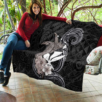 Hawaiian Whale and Kanaka Maoli Symbol Quilt Hibiscus with Hawaii Map and Polynesian Tattoo Grayscale Color