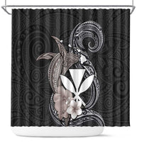 Hawaiian Whale and Kanaka Maoli Symbol Shower Curtain Hibiscus with Hawaii Map and Polynesian Tattoo Grayscale Color LT03 Black - Polynesian Pride