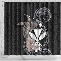 Hawaiian Whale and Kanaka Maoli Symbol Shower Curtain Hibiscus with Hawaii Map and Polynesian Tattoo Grayscale Color LT03 - Polynesian Pride