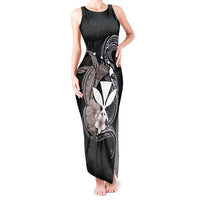Hawaiian Whale and Kanaka Maoli Symbol Tank Maxi Dress Hibiscus with Hawaii Map and Polynesian Tattoo Grayscale Color