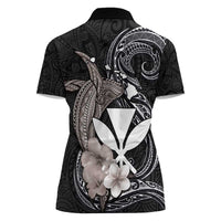 Hawaiian Whale and Kanaka Maoli Symbol Women Polo Shirt Hibiscus with Hawaii Map and Polynesian Tattoo Grayscale Color