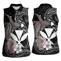 Hawaiian Whale and Kanaka Maoli Symbol Women Sleeveless Polo Shirt Hibiscus with Hawaii Map and Polynesian Tattoo Grayscale Color LT03 - Polynesian Pride