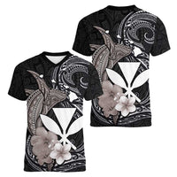 Hawaiian Whale and Kanaka Maoli Symbol Women V-Neck T-Shirt Hibiscus with Hawaii Map and Polynesian Tattoo Grayscale Color LT03 - Polynesian Pride