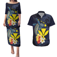 Hawaiian Whale and Kanaka Maoli Symbol Couples Matching Puletasi and Hawaiian Shirt Hibiscus with Hawaii Map and Polynesian Tattoo Deep Sea Color