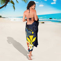 Hawaiian Whale and Kanaka Maoli Symbol Sarong Hibiscus with Hawaii Map and Polynesian Tattoo Deep Sea Color