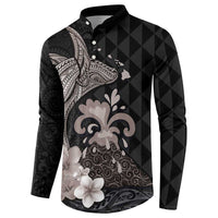 Hawaiian Whale and Volcanic Eruption Button Sweatshirt Hibiscus and Kakau Pattern Grayscale Color