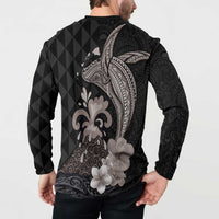 Hawaiian Whale and Volcanic Eruption Button Sweatshirt Hibiscus and Kakau Pattern Grayscale Color