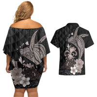 Hawaiian Whale and Volcanic Eruption Couples Matching Off Shoulder Short Dress and Hawaiian Shirt Hibiscus and Kakau Pattern Grayscale Color