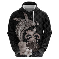 Hawaiian Whale and Volcanic Eruption Hoodie Hibiscus and Kakau Pattern Grayscale Color