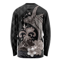 Hawaiian Whale and Volcanic Eruption Long Sleeve Shirt Hibiscus and Kakau Pattern Grayscale Color