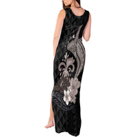 Hawaiian Whale and Volcanic Eruption Tank Maxi Dress Hibiscus and Kakau Pattern Grayscale Color
