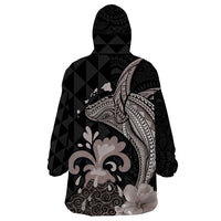 Hawaiian Whale and Volcanic Eruption Wearable Blanket Hoodie Hibiscus and Kakau Pattern Grayscale Color
