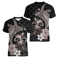 Hawaiian Whale and Volcanic Eruption Women V-Neck T-Shirt Hibiscus and Kakau Pattern Grayscale Color